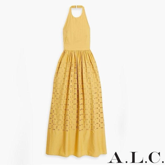 A.L.C. **NWT** Blair Eyelet Halter Cotton Maxi Dress Butterscotch Yellow - Picture 7 of 16